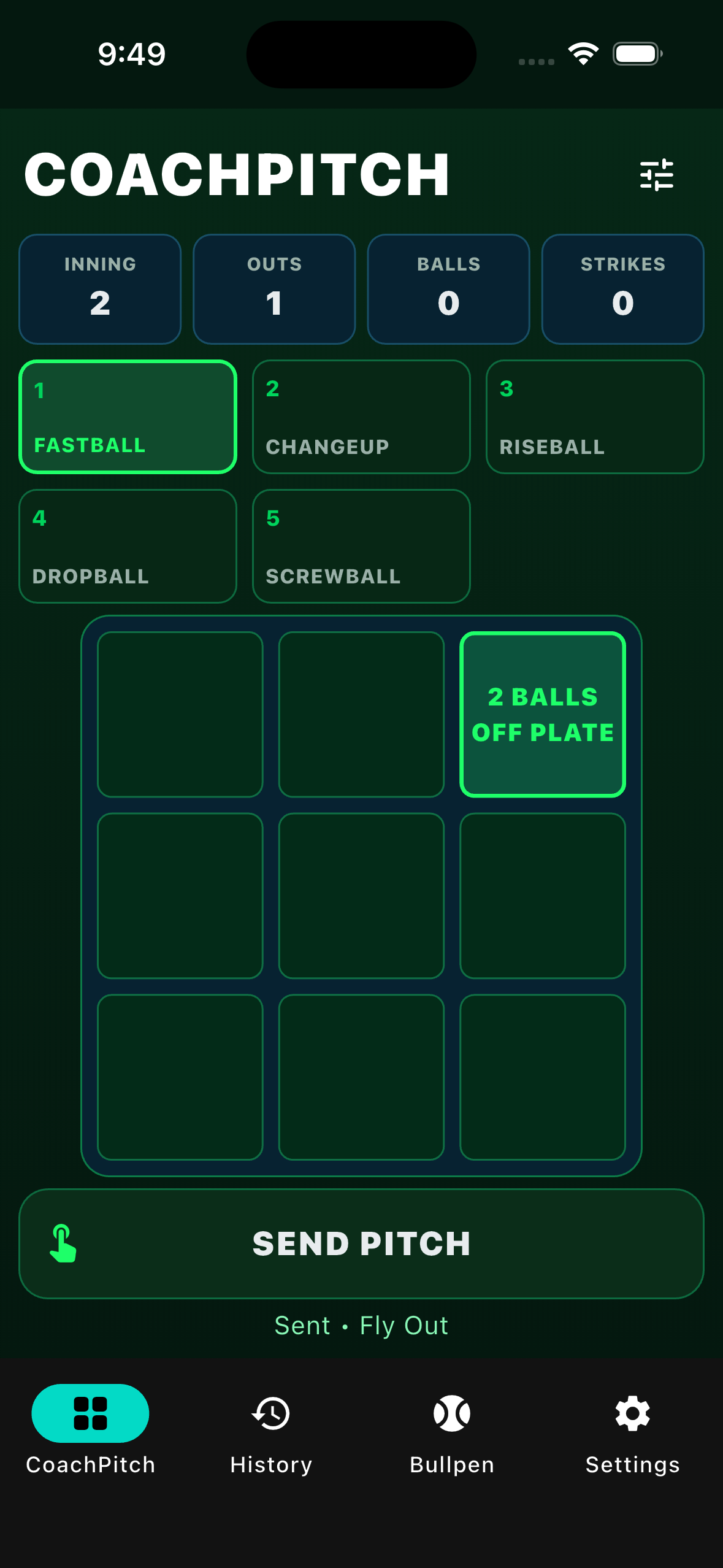 CoachPitch phone screenshot showing the main game setup interface