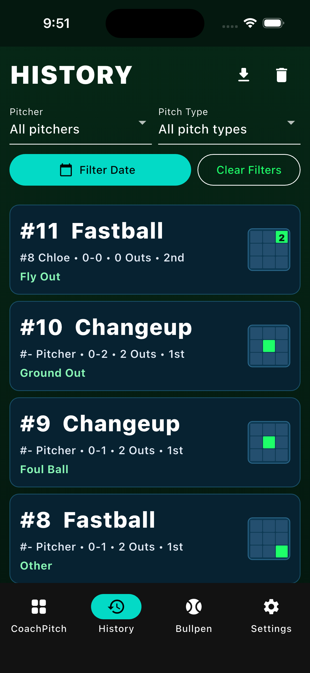 CoachPitch phone screenshot showing pitch history