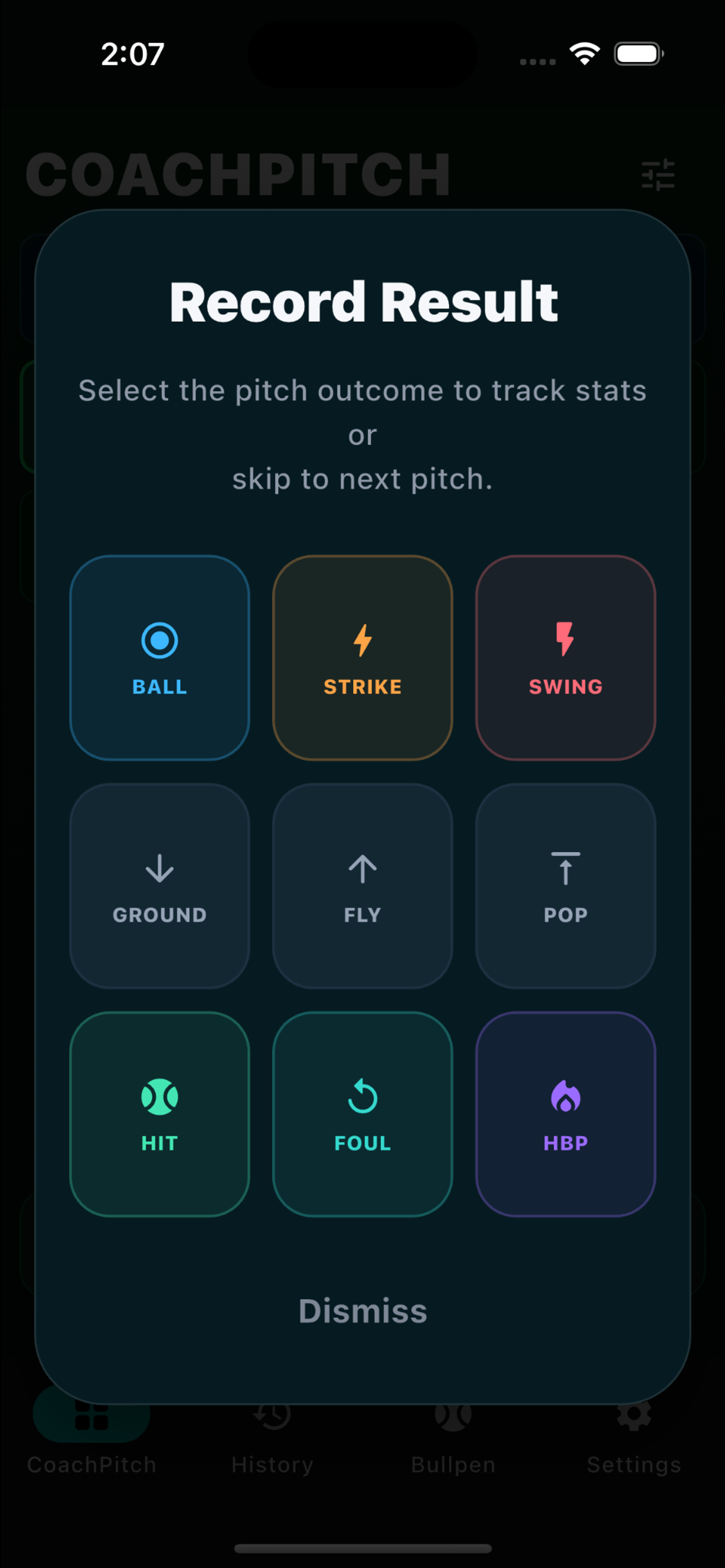 CoachPitch phone screenshot showing bullpen management
