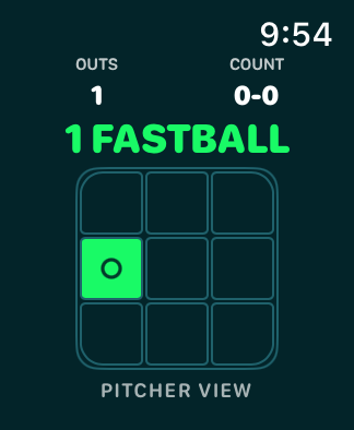 CoachPitch smartwatch screenshot showing the recent pitch menu