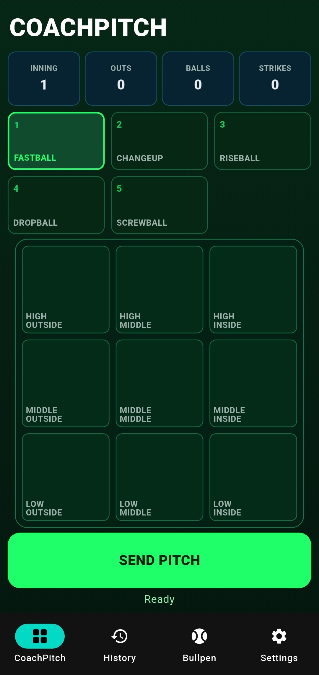 CoachPitch phone interface showing pitch calling controls