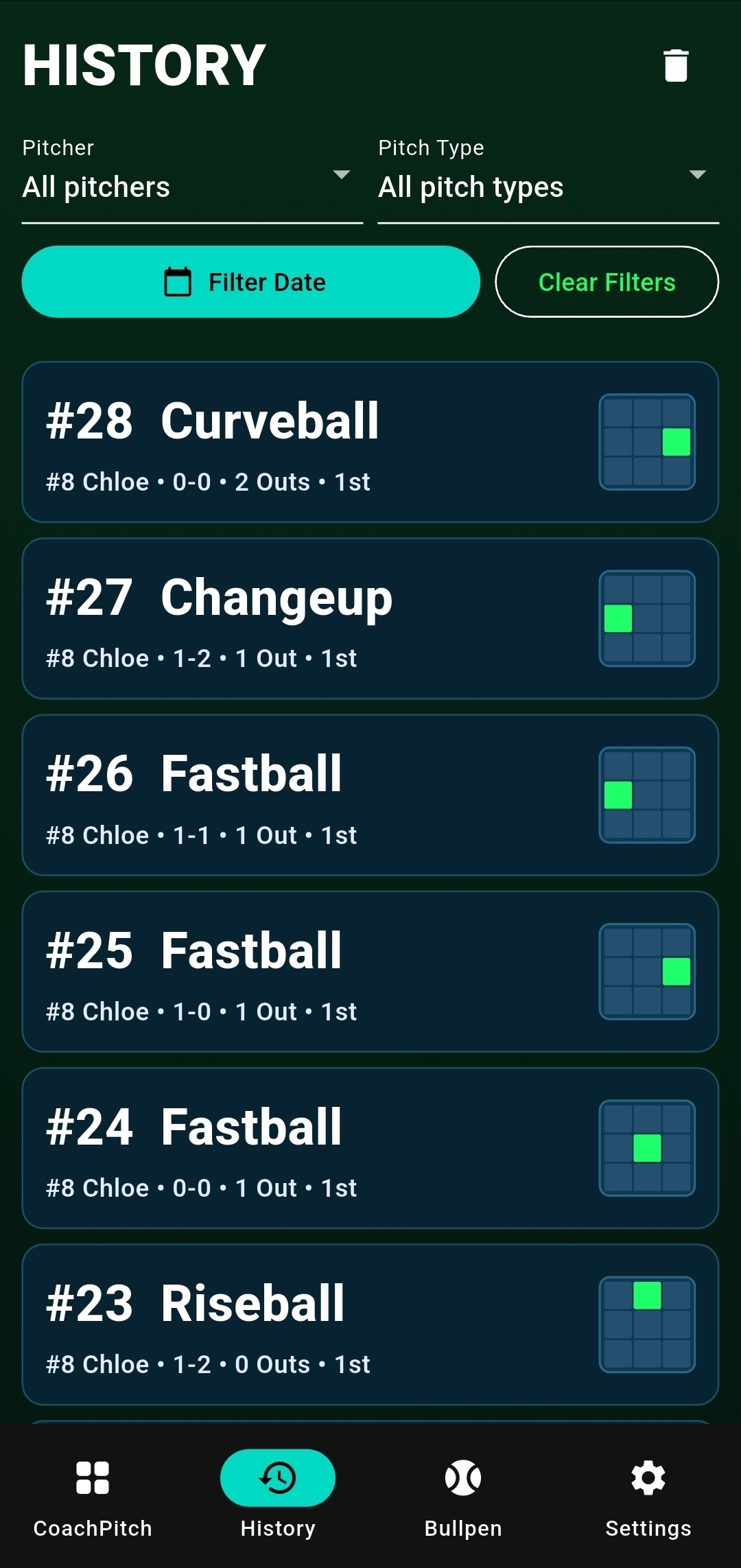 CoachPitch phone screenshot showing pitch history
