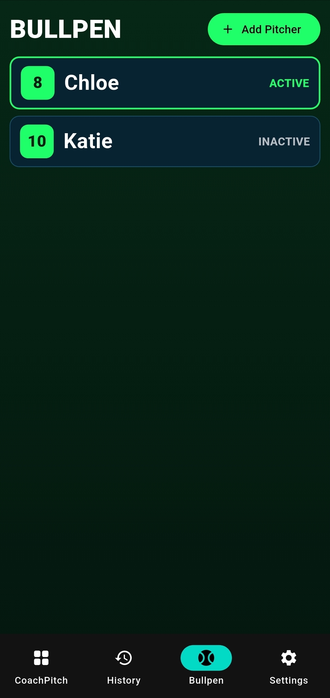 CoachPitch phone screenshot showing pitch selection screen